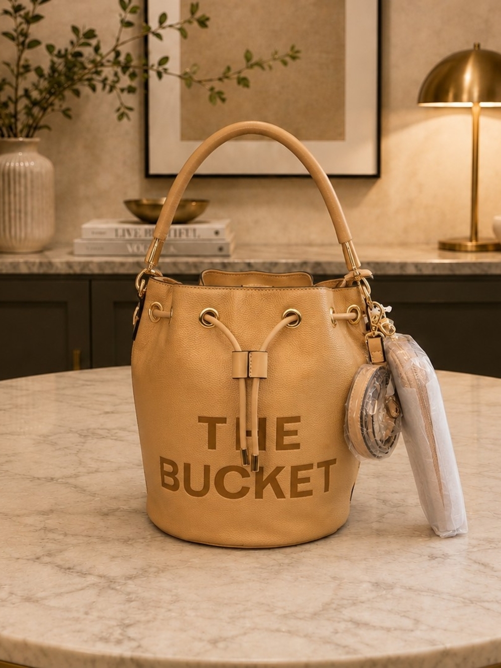 Brand New - Tan 'THE BUCKET' Drawstring Bag with Matching Wallet